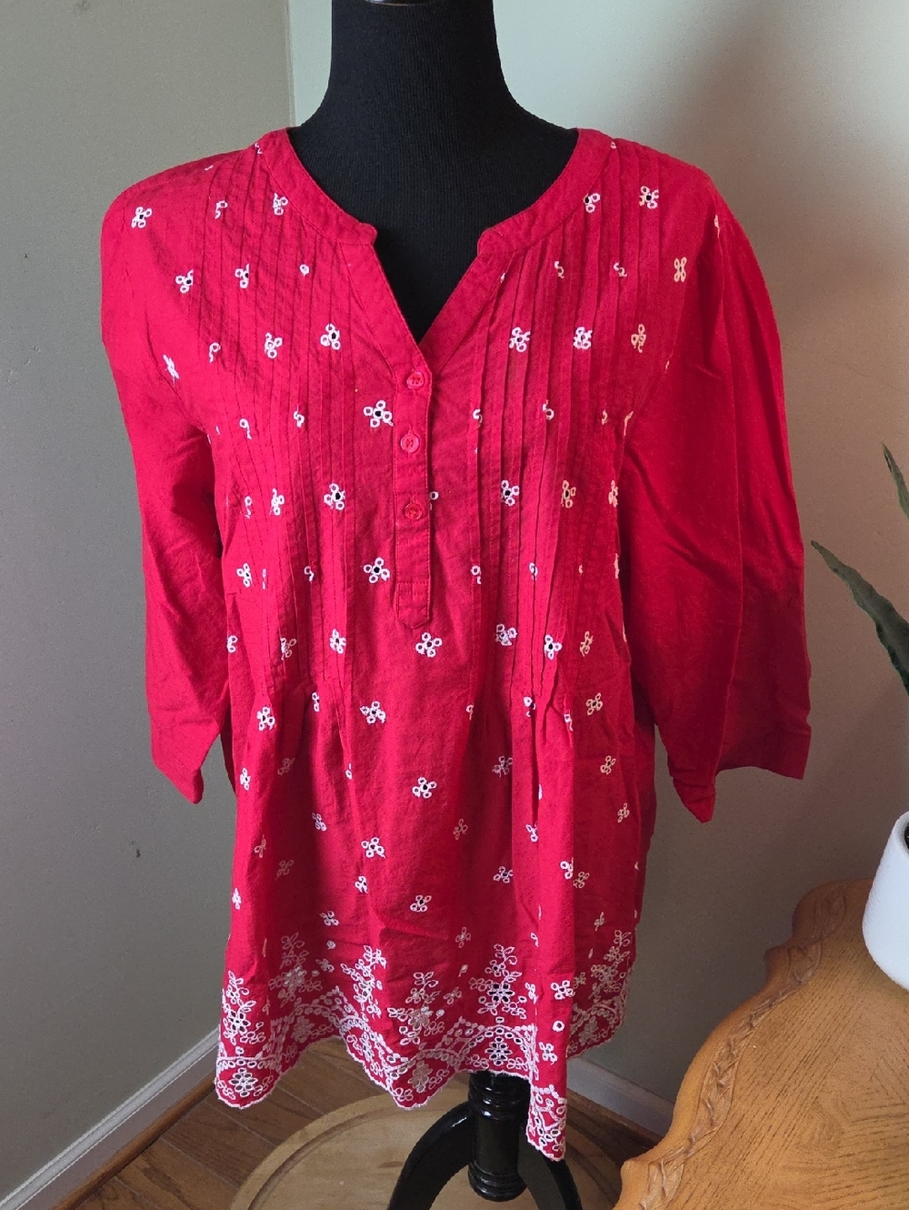 Red Eyelet Cottagecore Blouse Top